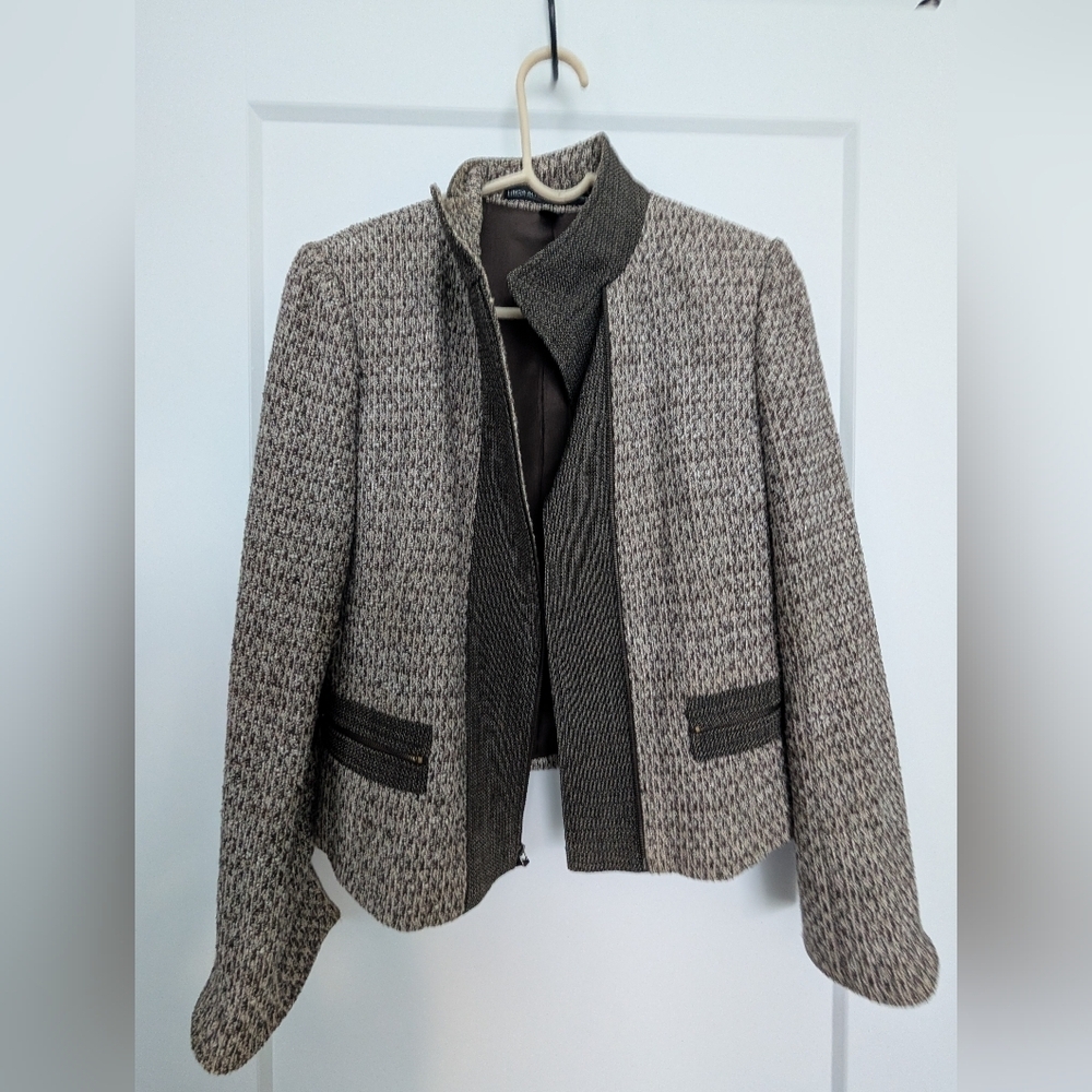 Linda Allard Ellen Tracy Tweed Jacket Blazer Wool Blend Brown Cream Zip Front Si - Picture 2 of 12